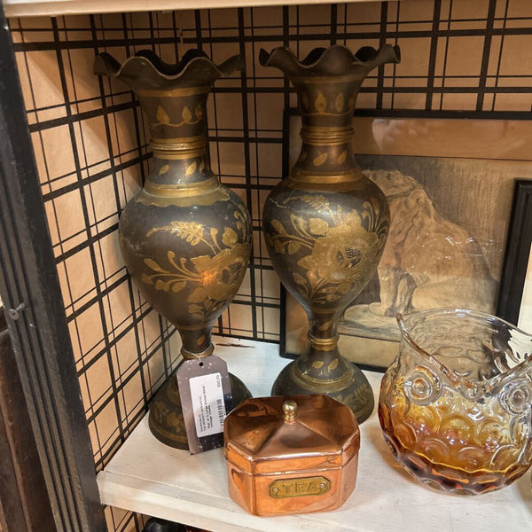 Pair of 2 Large Etched Metal Vintage Vases