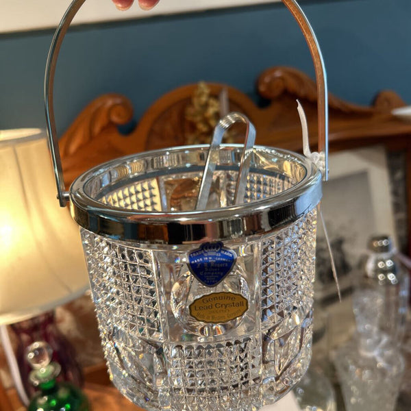 FB ROGERS SILVER CO. LEAD CRYSTAL MINI ICE BUCKET WITH SILVER PLATED HANDLE AND SP TONGS MADE IN GERMANY 5"T