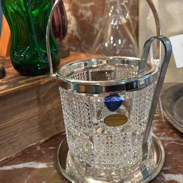 FB ROGERS SILVER CO. LEAD CRYSTAL MINI ICE BUCKET WITH SILVER PLATED HANDLE AND SP TONGS MADE IN GERMANY 5"T