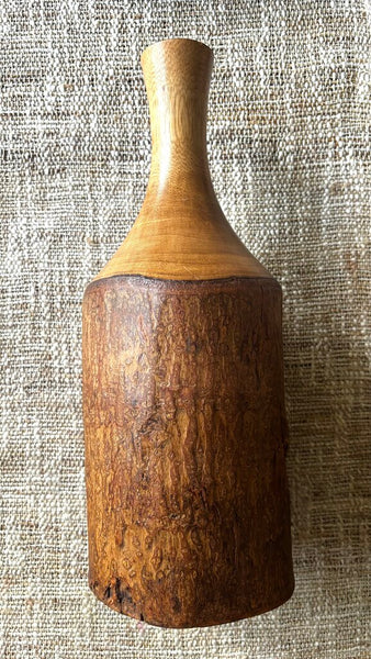 Vintage Wood Vase With Raw Bark Edge