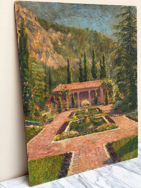 1644 Oil on Board Courtyard Mountain Scene Painting