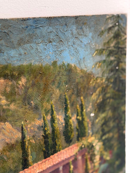 1644 Oil on Board Courtyard Mountain Scene Painting