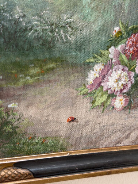2604 French Floral Painting w/ Ladybug on Canvas Board