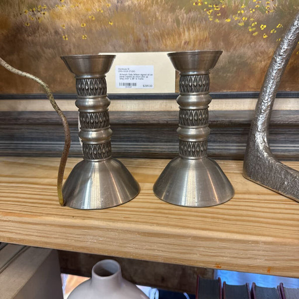 Pair of pewter candle holders 6" x 3.5" made in Norway mAstad