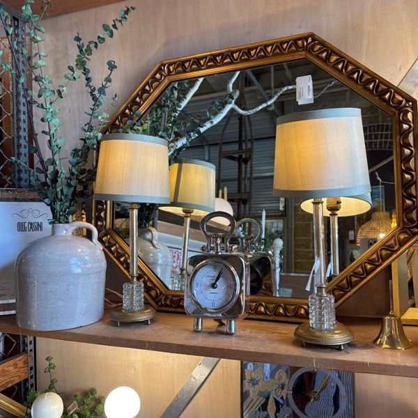 Pair of lovely French boudoir lamps gilt, glass, crystal / diminutive and lovely patina