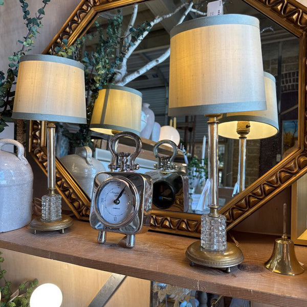 Pair of lovely French boudoir lamps gilt, glass, crystal / diminutive and lovely patina