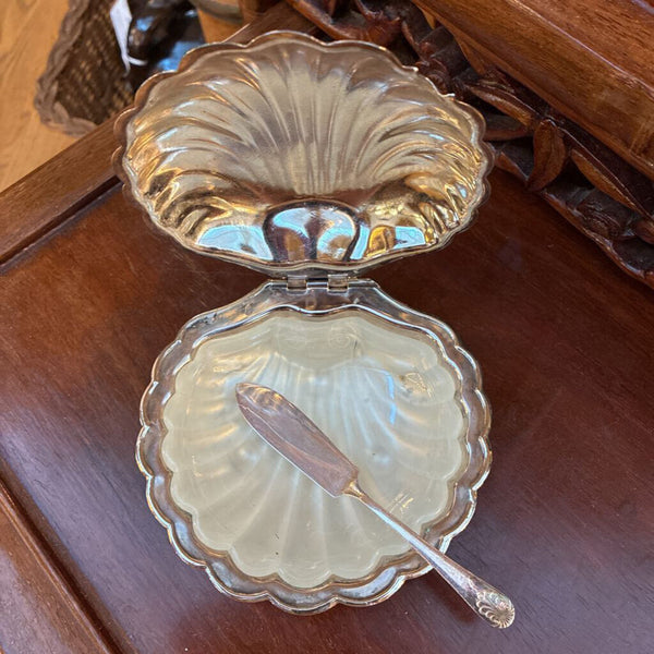 Vintage Lidded Silver Plate Clam Dish w/ Knife 5" x 5"