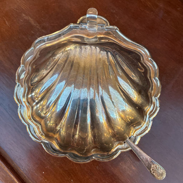 Vintage Lidded Silver Plate Clam Dish w/ Knife 5" x 5"