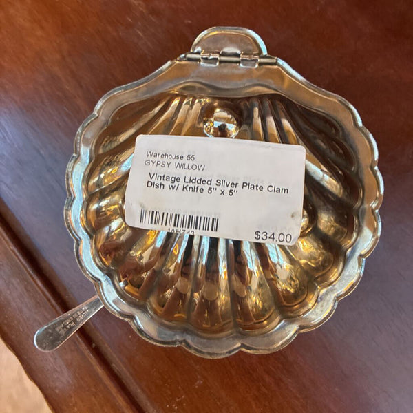 Vintage Lidded Silver Plate Clam Dish w/ Knife 5" x 5"