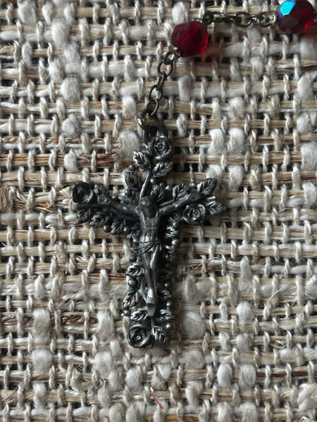 Vintage Rosary with Red Beads and Ornate Pewter Cross