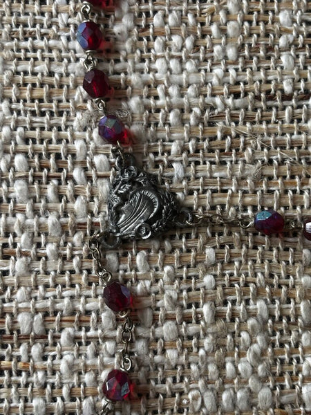 Vintage Rosary with Red Beads and Ornate Pewter Cross