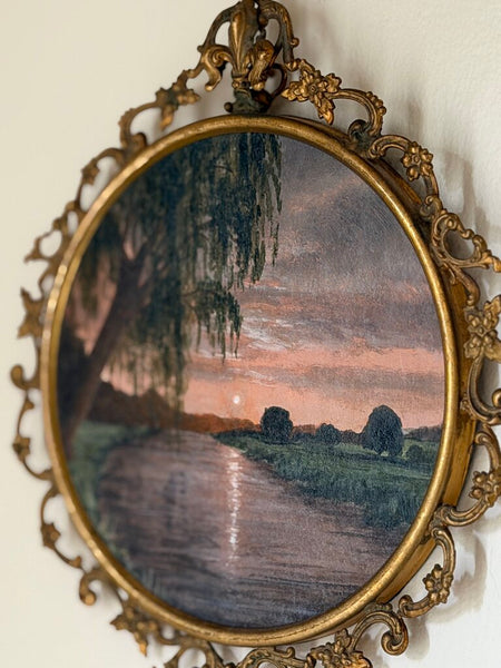 Original Art by Loren Combs Sunset Scene in Antique Frame