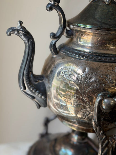 0330 Vintage English Etched Teapot on Stand w/ Warmer