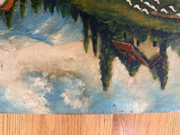 Very vintage oil on canvas cottage scene with ducks 15 x 22