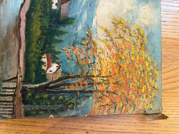 Very vintage oil on canvas cottage scene with ducks 15 x 22