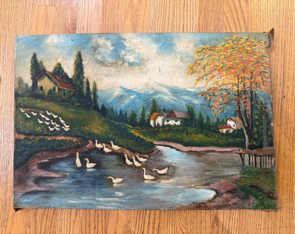 Very vintage oil on canvas cottage scene with ducks 15 x 22