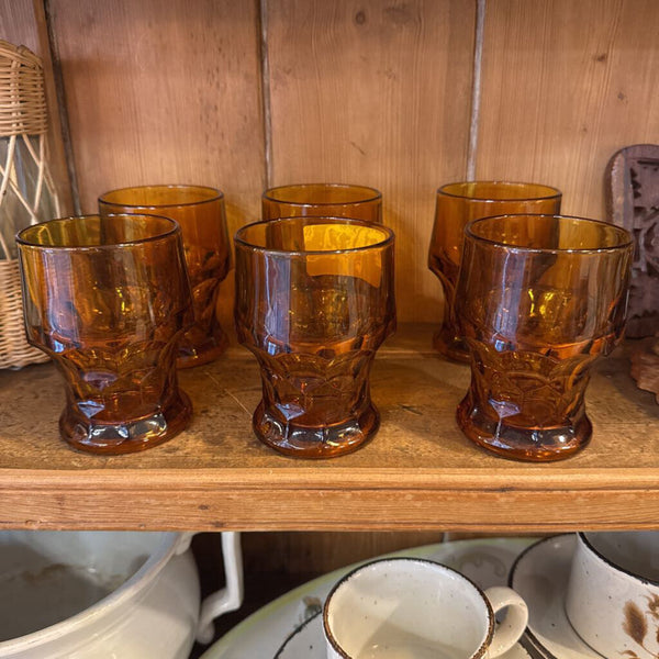 Vintage Georgian amber glass honeycomb old fashioned tumbler set of 6