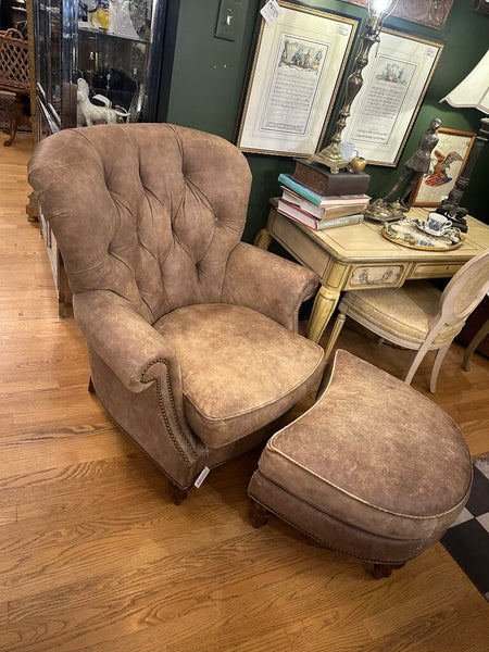 DISTRESSED LEATHER WRITER'S CHAIR AND OTTOMAN, NAILHEAD TRIM. 39"H x 37"W x 40"D, OTTOMAN DIM: 26"W x 22"D x 17"H, IN STORE PICKUP