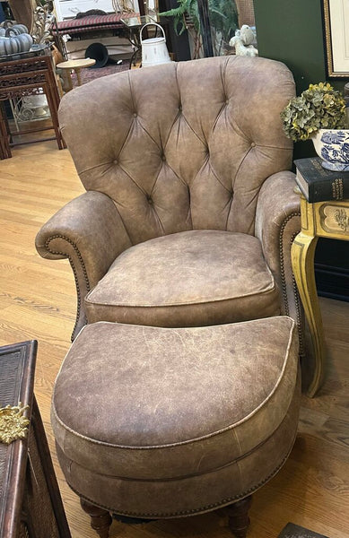 DISTRESSED LEATHER WRITER'S CHAIR AND OTTOMAN, NAILHEAD TRIM. 39"H x 37"W x 40"D, OTTOMAN DIM: 26"W x 22"D x 17"H, IN STORE PICKUP