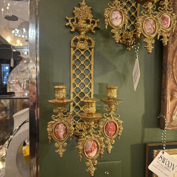 PAIR BRASS AND STONE SCONCES 15 1/2"H x 6 1/2"W x 6"D