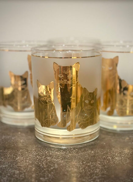 SET OF (4) CULVER 22K GOLD CAT GLASSES, IN STORE PICKUP ONLY
