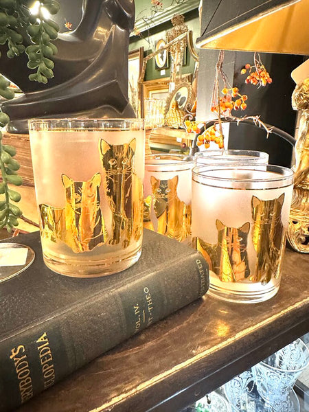 SET OF (4) CULVER 22K GOLD CAT GLASSES, IN STORE PICKUP ONLY