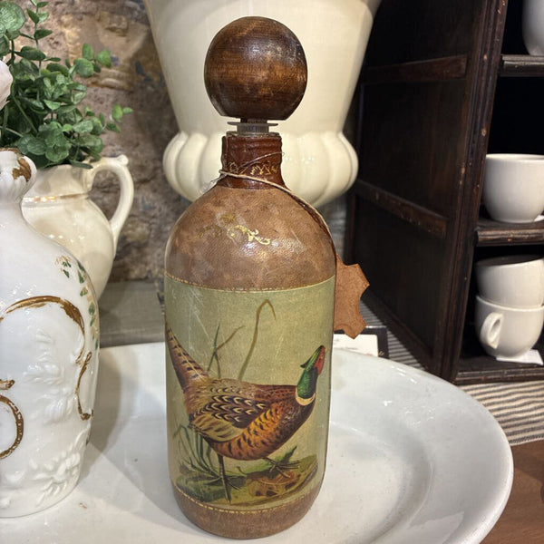 Vintage JW Dant 1969 Leather Wrapped Pheasant Decanter 10" x 4"