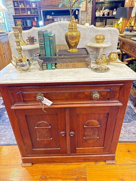 Antique Marble top chest with 2 doors and drawer signed by Maker 16x32x31T (back is 42T) PICKUP ONLY