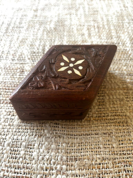Vtg Wood Hinged Trinket/Ring Box w/Inlay