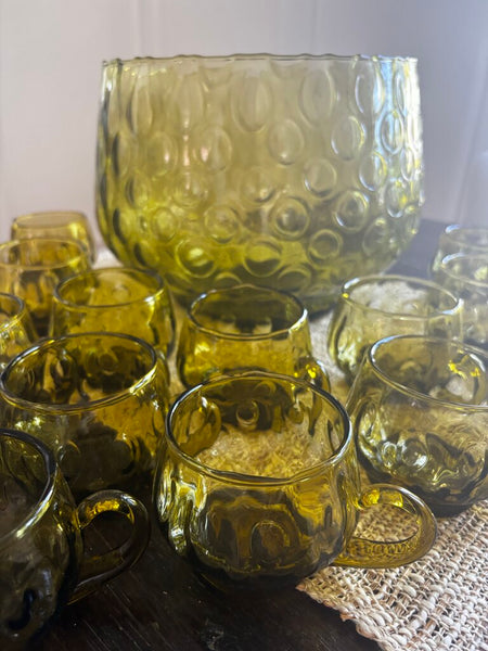 Murano Handblown Green Glass Punch Bowl & 12 Cups