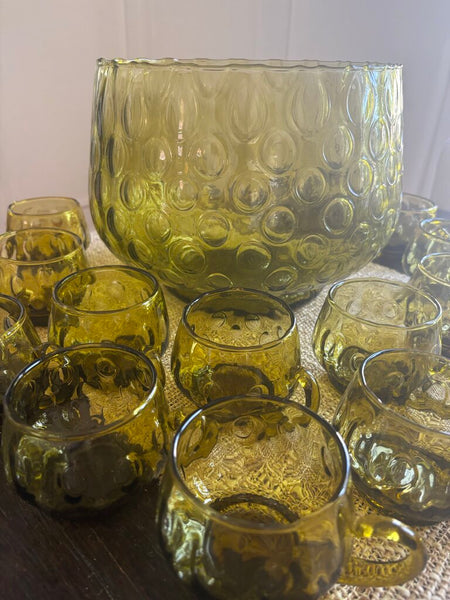 Murano Handblown Green Glass Punch Bowl & 12 Cups