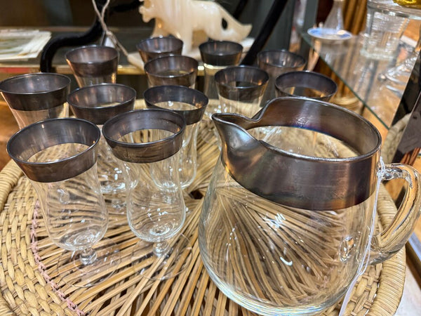 Mid Century Dorothy Thorpe Silver Band Glass Pitcher 7" and set of 12 Matching Glasses 6" W2350