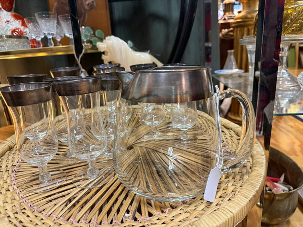 Mid Century Dorothy Thorpe Silver Band Glass Pitcher 7" and set of 12 Matching Glasses 6" W2350