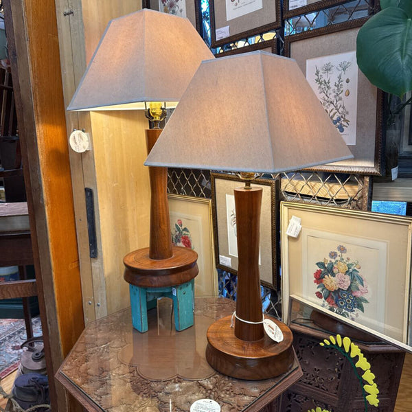 MCM pair teak / dark wood base table lamps 8.5" w x 28" tall to finial new socket