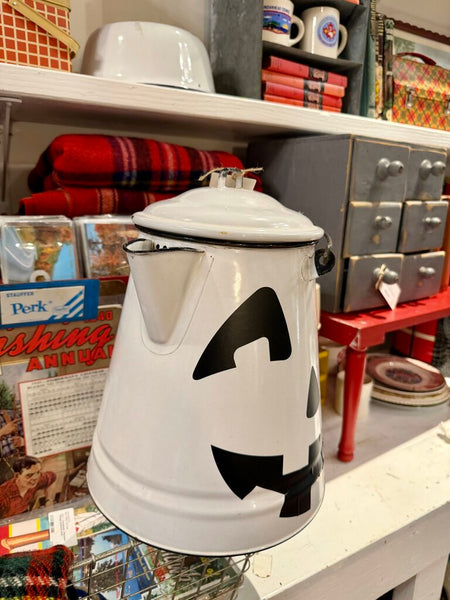 JFV ~ Vintage large enamel camp coffee pot with Halloween decal