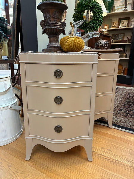 Vintage Serpentine Taupe Nightstands 17"w x 28"h x 14"d IN STORE PICKUP ONLY