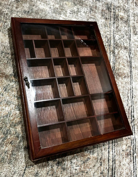 Wood Miniature Display Box, Hinged Glass Lid, Latch Closure