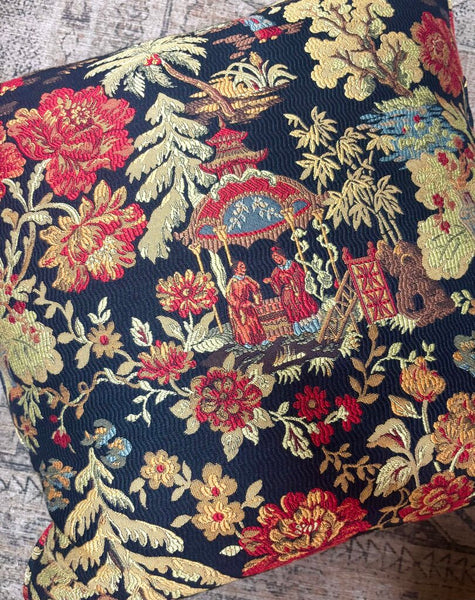 Vtg Chinoiserie Tapestry Pillow 18x18