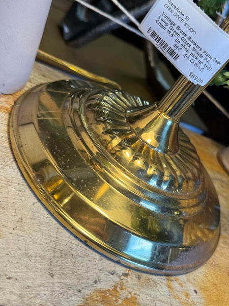 Vintage Brass Bankers Piano Desk Lamp Green (base as found patina) Glass Shade Pull Chain 13.5" (in shop pick up only)