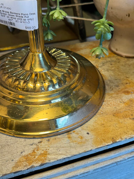 Vintage Brass Bankers Piano Desk Lamp Green (base as found patina) Glass Shade Pull Chain 13.5" (in shop pick up only)