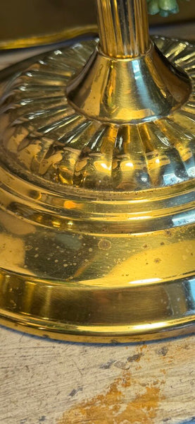 Vintage Brass Bankers Piano Desk Lamp Green (base as found patina) Glass Shade Pull Chain 13.5" (in shop pick up only)