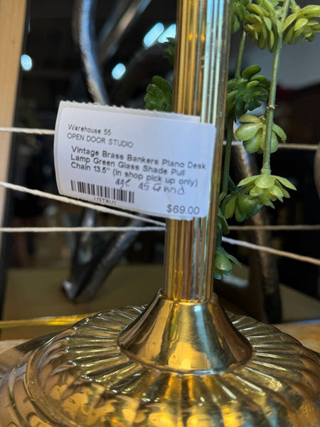 Vintage Brass Bankers Piano Desk Lamp Green (base as found patina) Glass Shade Pull Chain 13.5" (in shop pick up only)