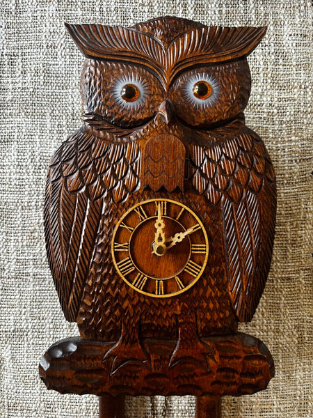 RARE" AUTHENTIC BLACK FOREST GERMAN "OWL" CUCKOO CLOCK IT "HOOTS" W/WOOD WEIGHTS (Missing (Pendulum)