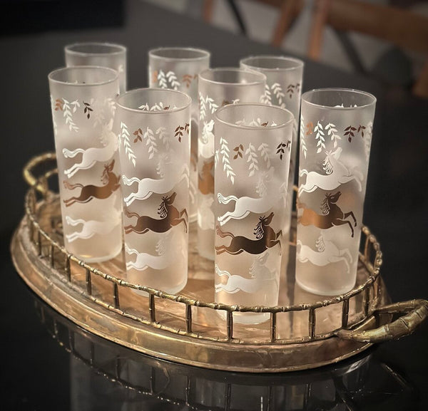 SET OF (8) MCM LIBBEY CAVALCADE HORSES FROSTED TOM COLLINS GLASSES, IN STORE PICKUP ONLY, Brass tray not included.