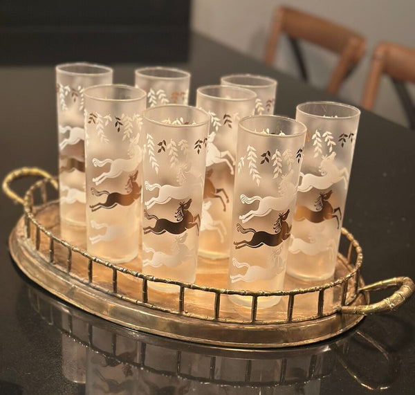 SET OF (8) MCM LIBBEY CAVALCADE HORSES FROSTED TOM COLLINS GLASSES, IN STORE PICKUP ONLY, Brass tray not included.