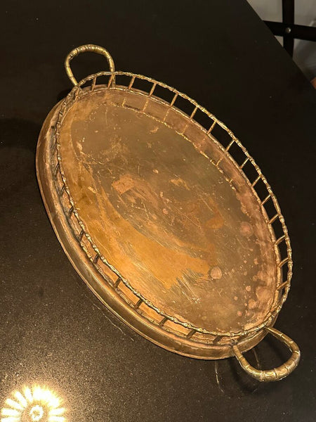 HOLLYWOOD REGENCY BRASS GALLERY TRAY WITH BAMBOO STYLE RAIL. 21" x 12"