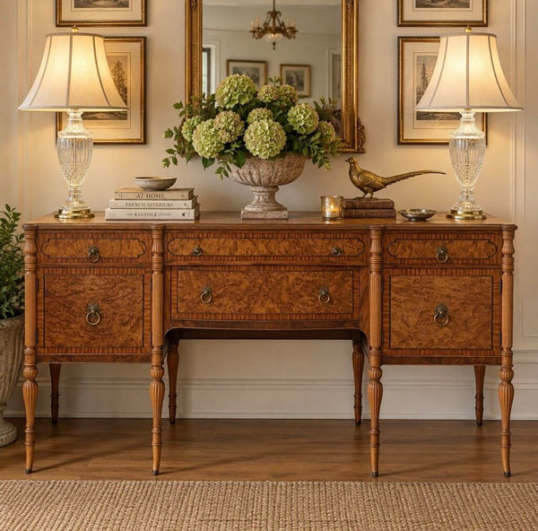 Antique Berkey & Gay Furn Sideboard, Burled Accents, Orig Lionshead Hardware. As found 72"W x 22 1/4"D x 37 1/4"H, Store Pickup