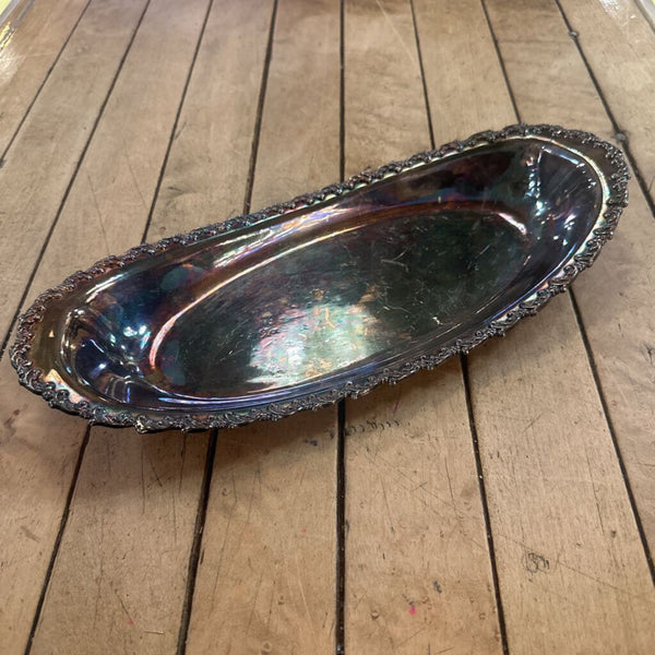 SILVER PLATED TRINKET / SERVING DISH, GREAT PATINA 12 1/2" X 5 3/4"