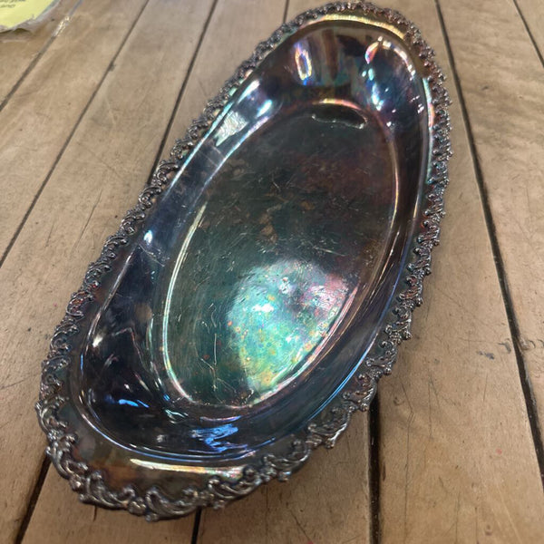 SILVER PLATED TRINKET / SERVING DISH, GREAT PATINA 12 1/2" X 5 3/4"