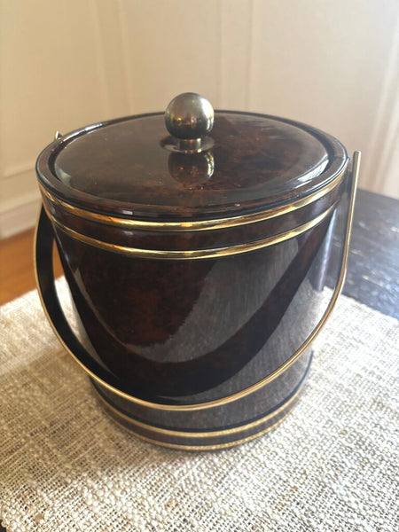Vintage Brown Faux Tortoise Shell Vinyl Ice Bucket W/Gold Trim